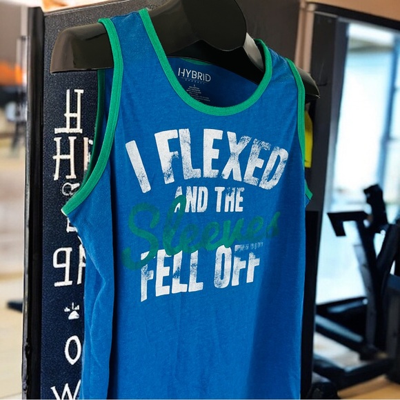 I Flexed And The Sleeves Fell Off Tank Top | Blue with Green Trim | Men's Size L - Picture 7 of 10